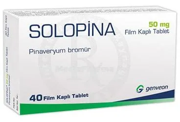 SOLOPINA 50 MG FILM KAPLI TABLET (40 TABLET) kutu fotoğrafı, film kaplı tablet formunda pinaveryum bromür içerir. Üretici: GENVEON İLAÇ SANAYİ VE TİCARET ANONİM ŞİRKETİ.