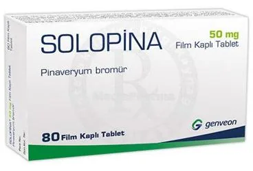 SOLOPINA 50 MG FILM KAPLI TABLET (80 TABLET) (pinaveryum bromür) kutusu, film kaplı tablet. Üretici: GENVEON İLAÇ SANAYİ VE TİCARET ANONİM ŞİRKETİ.