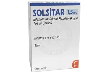 Epoprostenol içeren çözelti: SOLSITAR 1,5 MG INFUZYONLUK COZELTI HAZIRLAMAK ICIN TOZ VE COZUCU kutusu. Üretici: FARMA-TEK İLAÇ SANAYİ VE TİCARET A.Ş.