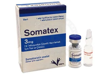 Somatostatin içeren çözelti: SOMATEX 3 MG I.V. INFUZYONLUK COZELTI HAZIRLAMAK ICIN TOZ VE COZUCU (1 FLAKON+1 COZUCU AMPUL) kutusu. Üretici: VEM İLAÇ SAN. VE TİC. ANONİM ŞİRKETİ.