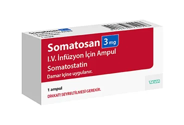 SOMATOSAN 3 MG IV INFUZYON ICIN 1 AMPUL (somatostatin) kutu fotoğrafı, ampul. Üretici: TEVA İLAÇLARI SANAYİ VE TİCARET A.Ş.