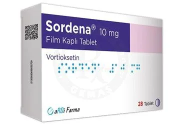 SORDENA 10 MG FILM KAPLI TABLET (28 TABLET) kutu fotoğrafı. Vortioksetin içeren film kaplı tablet. Üretici: ARDİ FARMA İLAÇ PAZARLAMA TİC. LTD. ŞTİ.