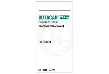 SOTACAR 245 MG FILM KAPLI TABLET (30 TABLET) ürün ambalajı, film kaplı tablet formunda tenofovir disoproksil içerir. Üretici: TRIPHARMA İLAÇ SANAYİ VE TİCARET A.Ş.