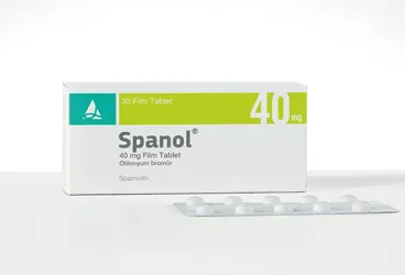 Otilonium bromide içeren film kaplı tablet: SPANOL 40 MG FILM KAPLI TABLET, 90 ADET ürün ambalajı. Üretici: SANTA FARMA İLAÇ SAN. A.Ş.
