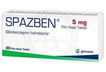 SPAZBEN 5 MG FILM KAPLI TABLET (30 TABLET) kutu fotoğrafı. Siklobenzaprin içeren film kaplı tablet. Üretici: GENVEON İLAÇ SANAYİ VE TİCARET ANONİM ŞİRKETİ.