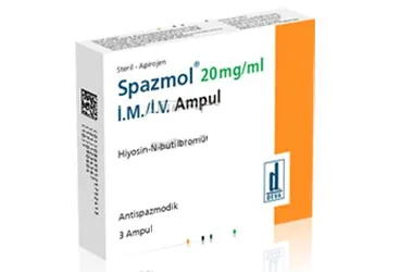Hiyosin-n-butilbromür içeren çözelti: SPAZMOL 20 MG/ML I.M./I.V./S.C. ENJEKSIYONLUK COZELTI ICEREN AMPUL (3 AMPUL) ürün ambalajı. Üretici: DEVA HOLDİNG ANONİM ŞİRKETİ.