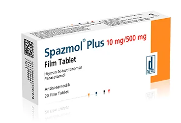 SPAZMOL PLUS 10 MG/500 MG FILM TABLET (20 TABLET) kutu fotoğrafı, film kaplı tablet formunda hiyosin-n-butilbromür + parasetamol içerir. Üretici: DEVA HOLDİNG ANONİM ŞİRKETİ.