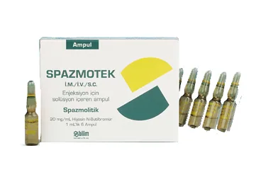 Hiyosin-n-butilbromür içeren ampul: SPAZMOTEK 20 MG 6 AMPUL ambalajı. Üretici: BİLİM İLAÇ SANAYİİ VE TİCARET A.Ş.