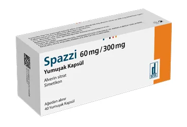 SPAZZI 60 MG-300 MG YUMUSAK KAPSUL ambalajı. Alverin sitrat + simethicone içeren yumuşak kapsül. Üretici: DEVA HOLDİNG ANONİM ŞİRKETİ.