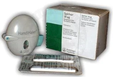 Tiotropium bromür monohidrat içeren inhalasyon aerosolü: SPIRIVA 18 MCG 30 İNHALASYON KAPSÜLÜ kutusu. Üretici: BOEHRİNGER INGELHEİM İLAÇ TİCARET A.Ş.