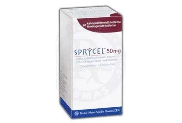 SPRYCEL 50 MG 60 FİLM KAPLI TABLET kutu fotoğrafı. Dasatinib içeren film kaplı tablet. Üretici: BRISTOL-MYERS SQUIBB İLAÇLARI INC. İSTANBUL ŞUBESİ.