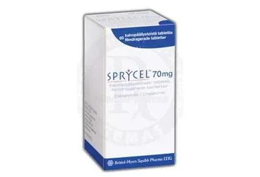 SPRYCEL 70 MG 60 FİLM KAPLI TABLET kutusu. Dasatinib içeren film kaplı tablet. Üretici: BRISTOL-MYERS SQUIBB İLAÇLARI INC. İSTANBUL ŞUBESİ.