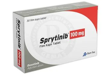 SPRYTINIB 100 MG FILM KAPLI TABLET (30 TABLET) kutusu, film kaplı tablet formunda dasatinib içerir. Üretici: DEM İLAÇ SAN. VE TİC. A.Ş.