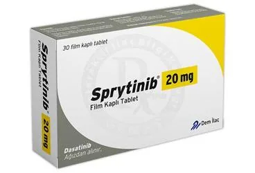 Dasatinib içeren film kaplı tablet: SPRYTINIB 20 MG FILM KAPLI TABLET (30 TABLET) ürün ambalajı. Üretici: DEM İLAÇ SAN. VE TİC. A.Ş.