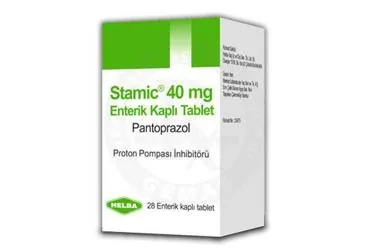 Pantoprazol içeren tablet: STAMIC 40 MG 28 ENTERIK TABLET kutusu. Üretici: HELBA İLAÇ İÇ VE DIŞ SANAYİ TİCARET ANONİM ŞİRKETİ.
