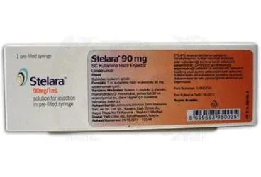 Ustekinumab içeren çözelti: STELARA 90 MG ENJEKSIYONLUK COZELTI ICEREN KULLANIMA HAZIR ENJEKTOR ürün ambalajı. Üretici: JOHNSON AND JOHNSON SIHHİ MALZEME SANAYİ VE TİCARET LİMİTED ŞİRKETİ.