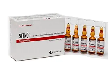 STENOR 4 MG/4 ML IV INF. ICIN ENJ.COZ.ICEREN 10 AMPUL kutu fotoğrafı, ampul formunda noradrenalin içerir. Üretici: EİP ECZACIBAŞI İLAÇ PAZARLAMA A.Ş.