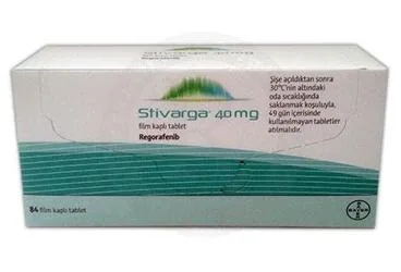 STIVARGA 40 MG 84 FILM KAPLI TABLET kutusu, film kaplı tablet formunda regorafenib içerir. Üretici: BAYER TÜRK KİMYA SAN. LTD. ŞTİ.