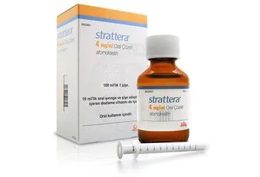 STRATTERA 4 MG/ML ORAL COZELTI (100 ML) kutusu. Atomoksetin hcl içeren çözelti. Üretici: LİLLY İLAÇ TİCARET LİMİTED ŞİRKETİ.