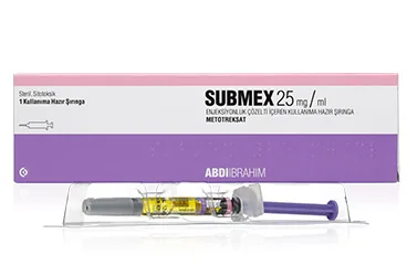 SUBMEX 25 MG / ML ENJEKSİYONLUK ÇÖZELTİ İÇEREN KULLANIMA HAZIR ŞIRINGA, 1 ADET ambalajı. Metotreksat içeren çözelti. Üretici: ONKO İLAÇ SAN. VE TİC. A.Ş.