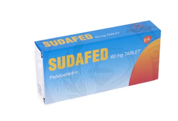 SUDAFED 60 MG 30 TABLET kutu fotoğrafı, tablet formunda psödoefedrin hcl içerir. Üretici: GLAXOSMİTHKLİNE İLAÇLARI SAN. VE TİC. A.Ş.