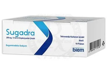 SUGADRA 200 MG/2 ML IV ENJEKSIYONLUK COZELTI (10 FLAKON) kutu fotoğrafı. Sugammadeks içeren çözelti. Üretici: BİEM İLAÇ SAN. VE TİC. A.Ş.
