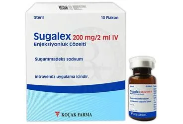 Sugammadeks içeren çözelti: SUGALEX 200 MG/2 ML IV ENJEKSIYONLUK COZELTI (10 FLAKON) ürün ambalajı. Üretici: KOÇAK FARMA İLAÇ VE KİMYA SANAYİ A.Ş.