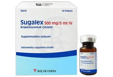 SUGALEX 500 MG/5ML IV ENJEKSIYONLUK COZELTI (sugammadeks) ürün ambalajı, çözelti. Üretici: KOÇAK FARMA İLAÇ VE KİMYA SANAYİ A.Ş.