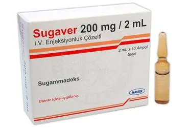 SUGAVER 200 MG/2 ML I.V. ENJEKSIYONLUK COZELTI (10 AMPUL) ürün ambalajı. Sugammadeks içeren çözelti. Üretici: HAVER FARMA İLAÇ ANONİM ŞİRKETİ.