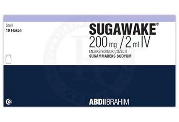 SUGAWAKE 200 MG/2 ML IV ENJEKSIYONLUK COZELTI (10 FLAKON) ürün ambalajı. Sugammadeks içeren çözelti. Üretici: ABDİ İBRAHİM İLAÇ SANAYİ VE TİCARET A.Ş.