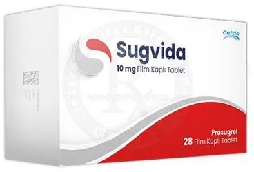 SUGVIDA 10 MG FILM KAPLI TABLET (28 TABLET) ambalajı, film kaplı tablet formunda prasugrel içerir. Üretici: CELTİS İLAÇ SANAYİ VE TİCARET ANONİM ŞİRKETİ.