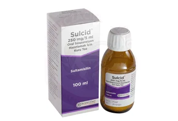 SULCID 250 MG/5 ML ORAL SUSPANSIYON HAZIRLAMAK ICIN KURU TOZ (100 ML) (ampisilin + sulbaktam) ürün ambalajı, oral süspansiyon. Üretici: MENARİNİ SAĞLIK VE İLAÇ SANAYİ TİCARET ANONİM ŞİRKETİ.