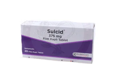 Ampisilin + sulbaktam içeren film kaplı tablet: SULCID 375 MG FILM KAPLI TABLET (20 TABLET) kutu fotoğrafı. Üretici: MENARİNİ SAĞLIK VE İLAÇ SANAYİ TİCARET ANONİM ŞİRKETİ.