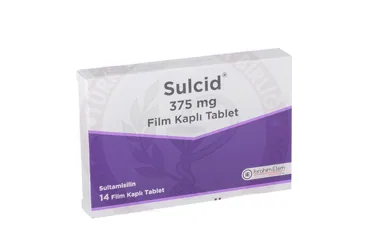 SULCID 375 MG FILM KAPLI TABLET (14 TABLET) ambalajı. Ampisilin + sulbaktam içeren film kaplı tablet. Üretici: MENARİNİ SAĞLIK VE İLAÇ SANAYİ TİCARET ANONİM ŞİRKETİ.