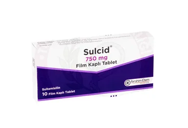 SULCID 750 MG FILM KAPLI TABLET (10 TABLET) ambalajı. Ampisilin + sulbaktam içeren film kaplı tablet. Üretici: MENARİNİ SAĞLIK VE İLAÇ SANAYİ TİCARET ANONİM ŞİRKETİ.
