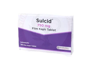 Ampisilin + sulbaktam içeren film kaplı tablet: SULCID 750 MG FILM KAPLI TABLET (14 TABLET) ambalajı. Üretici: MENARİNİ SAĞLIK VE İLAÇ SANAYİ TİCARET ANONİM ŞİRKETİ.