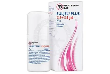 Nimesulid + lidokain -topikal içeren jel: SULJEL PLUS %1+%5 JEL, 50 G ambalajı. Üretici: BERKO İLAÇ VE KİMYA SAN. A.Ş.