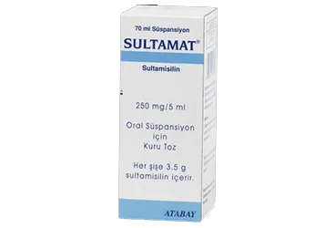 SULTAMAT 250 MG 70 ML SÜSPANSİYON (ampisilin + sulbaktam) ambalajı, süspansiyon. Üretici: ATABAY KİMYA SANAYİ VE TİC. A.Ş.