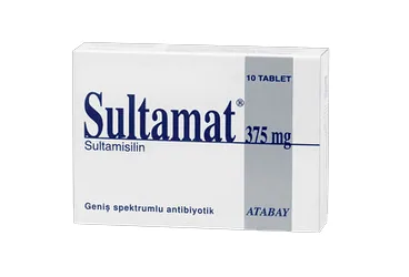 SULTAMAT 375 MG 10 TABLET (ampisilin + sulbaktam) ürün ambalajı, tablet. Üretici: ATABAY KİMYA SANAYİ VE TİC. A.Ş.