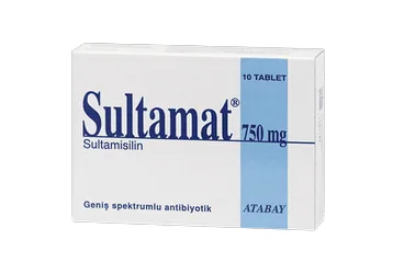 SULTAMAT 750 MG 10 TABLET kutusu. Ampisilin + sulbaktam içeren tablet. Üretici: ATABAY KİMYA SANAYİ VE TİC. A.Ş.