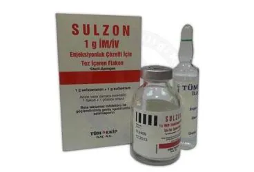 Sefoperazon + sulbaktam içeren flakon: SULZON 1 GR IM/IV ENJEKSIYONLUK TOZ ICEREN FLAKON ambalajı. Üretici: TÜM - EKİP İLAÇ A.Ş.