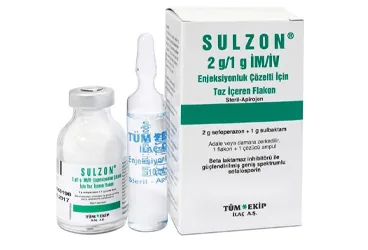 SULZON 2 GR IM/IV ENJEKSIYONLUK TOZ ICEREN FLAKON (sefoperazon + sulbaktam) kutu fotoğrafı, flakon. Üretici: TÜM - EKİP İLAÇ A.Ş.