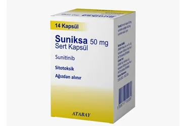 SUNIKSA 50 MG 14 SERT KAPSUL kutusu. Sunitinib maleat içeren kapsül. Üretici: ATABAY KİMYA SANAYİ VE TİC. A.Ş.