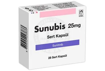 Sunitinib maleat içeren kapsül: SUNUBIS 25 MG SERT KAPSUL (28 KAPSUL) ürün ambalajı. Üretici: NOBEL İLAÇ SAN. VE TİC. A.Ş.
