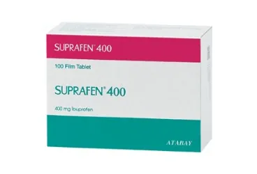 SUPRAFEN 400 MG 100 FİLM TABLET kutusu. Ibuprofen içeren film kaplı tablet. Üretici: ATABAY KİMYA SANAYİ VE TİC. A.Ş.
