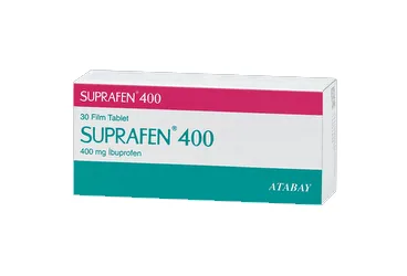 Ibuprofen içeren film kaplı tablet: SUPRAFEN 400 MG 30 FILM TABLET kutusu. Üretici: ATABAY KİMYA SANAYİ VE TİC. A.Ş.