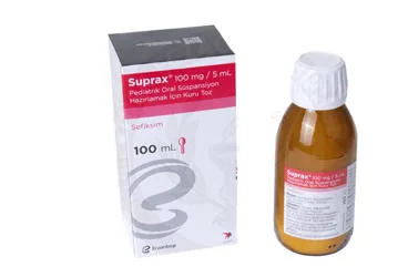 SUPRAX 100 MG 100 ML SÜSPANSİYON (sefiksim) ürün ambalajı, süspansiyon. Üretici: EİP ECZACIBAŞI İLAÇ PAZARLAMA A.Ş.