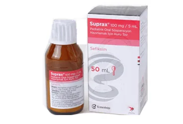 SUPRAX 100 MG 50 ML SÜSPANSİYON (sefiksim) ürün ambalajı, süspansiyon. Üretici: EİP ECZACIBAŞI İLAÇ PAZARLAMA A.Ş.
