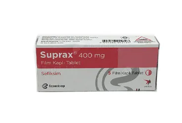 SUPRAX 400 MG 5 FILM TABLET (sefiksim) ambalajı, film kaplı tablet. Üretici: EİP ECZACIBAŞI İLAÇ PAZARLAMA A.Ş.