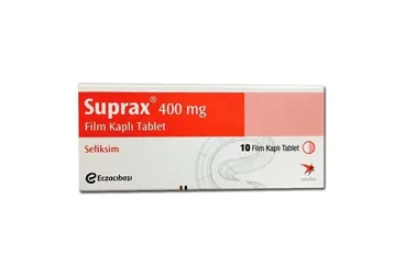 SUPRAX 400 MG 10 FILM TABLET (sefiksim) ürün ambalajı, film kaplı tablet. Üretici: EİP ECZACIBAŞI İLAÇ PAZARLAMA A.Ş.